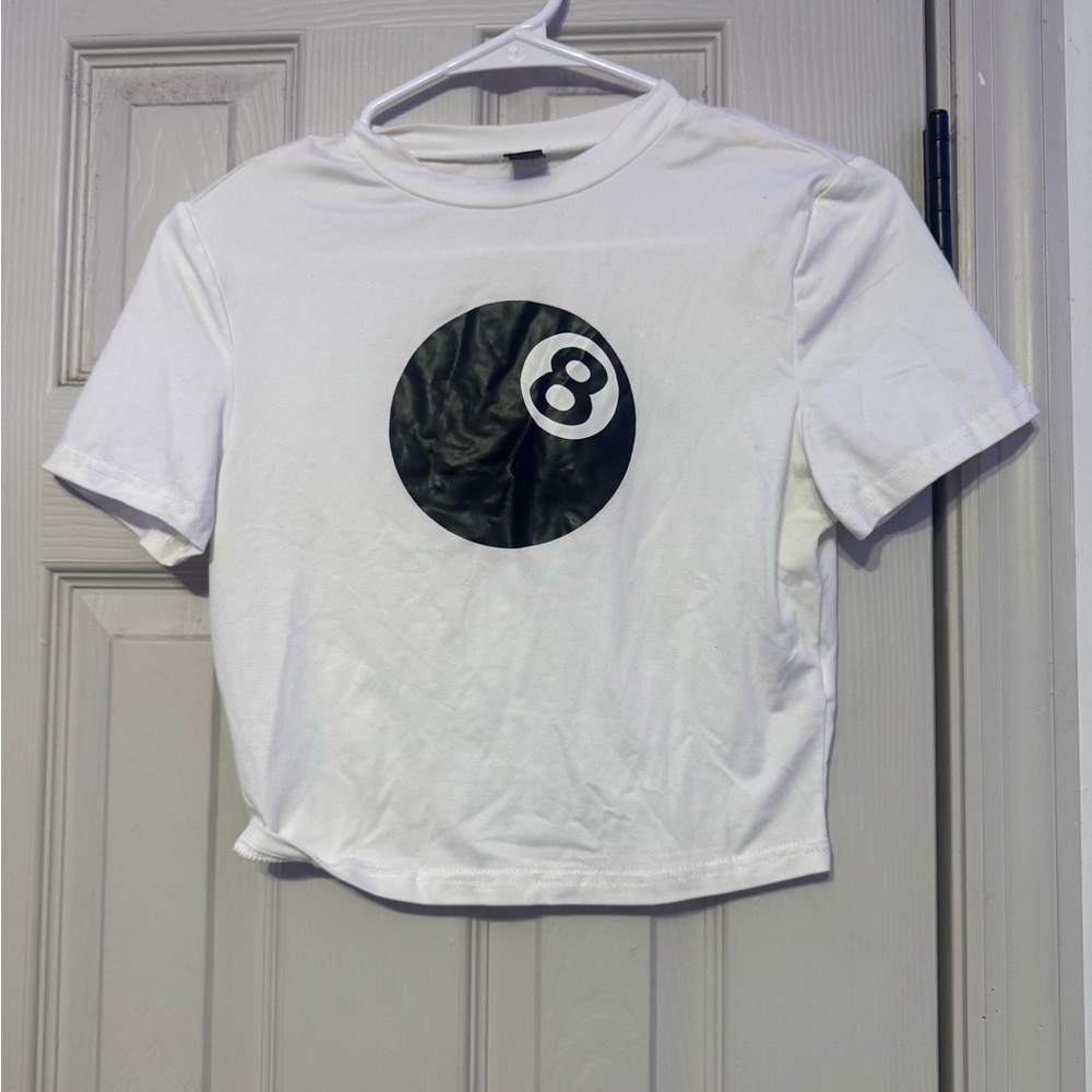 White Crop Tee with Black 8-Ball Graphic